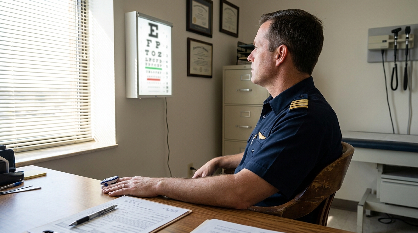 uniformed pilot seated at medical exam desk beside Snellen eye chart