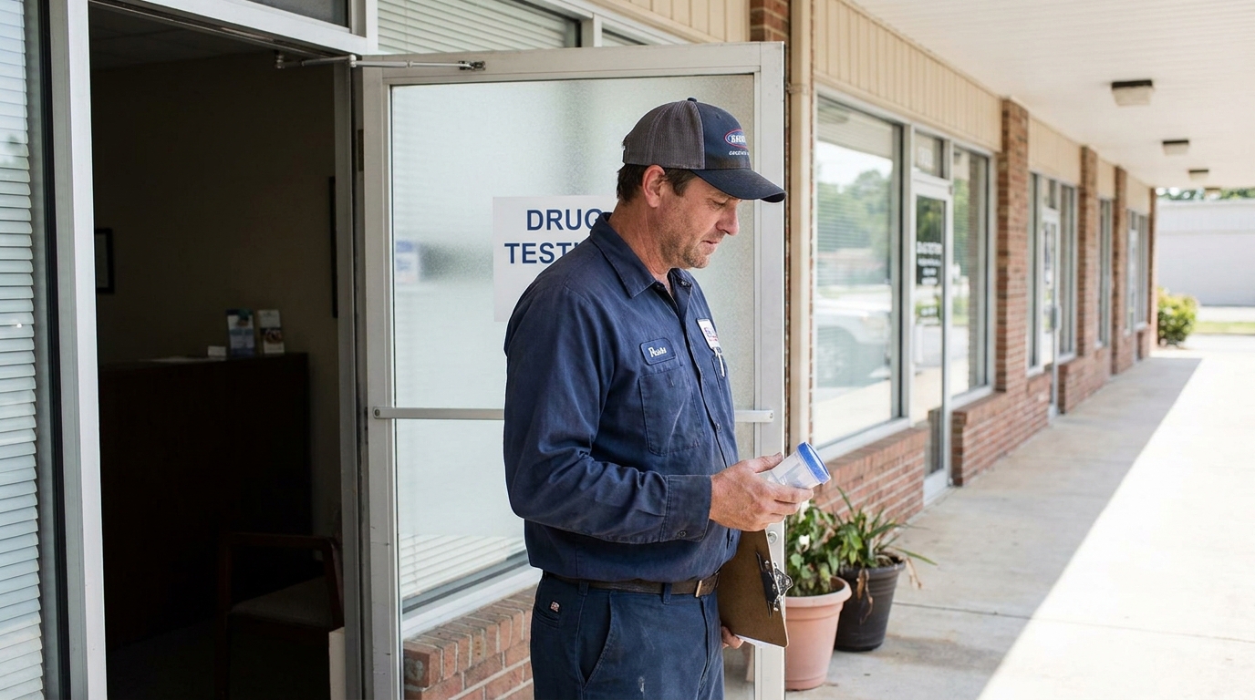 worker in uniform holding specimen cup outside drug testing facility entrance