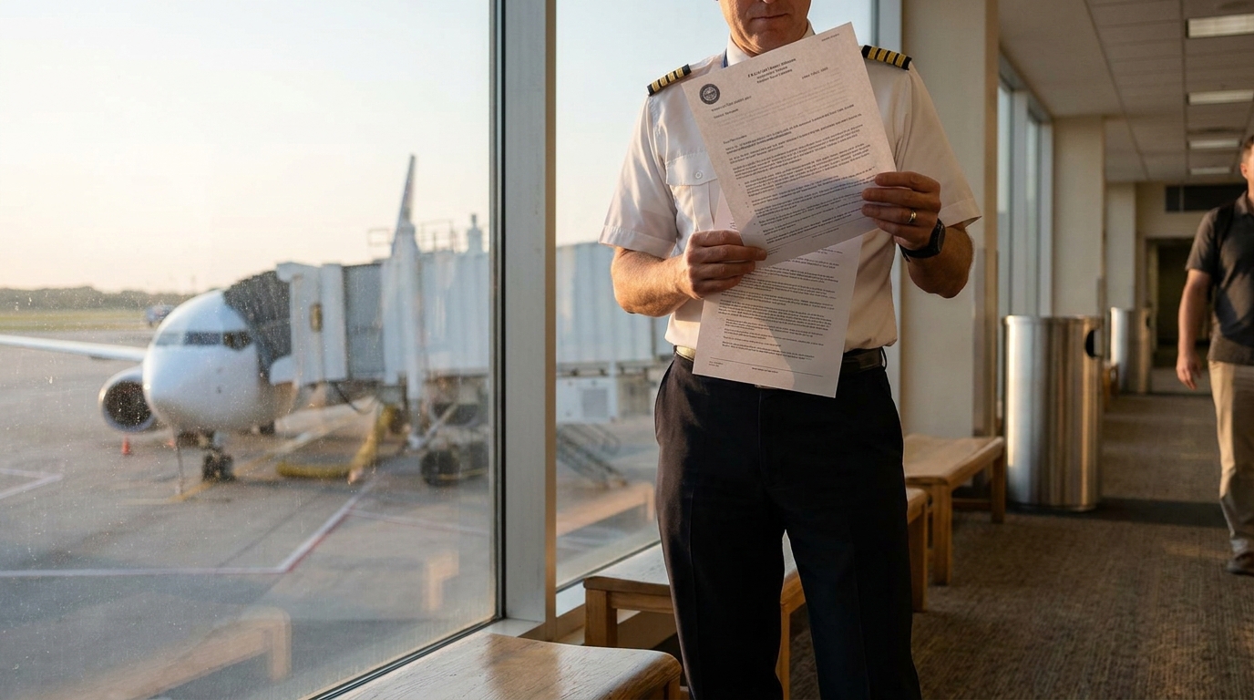 airline pilot in uniform holding official legal documents at airport gate