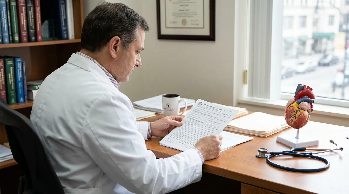 physician in lab coat reviewing medical examination form at desk with heart model and stethoscope