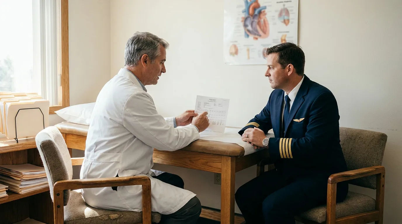 doctor in white coat reviewing medical document with uniformed airline pilot in exam room