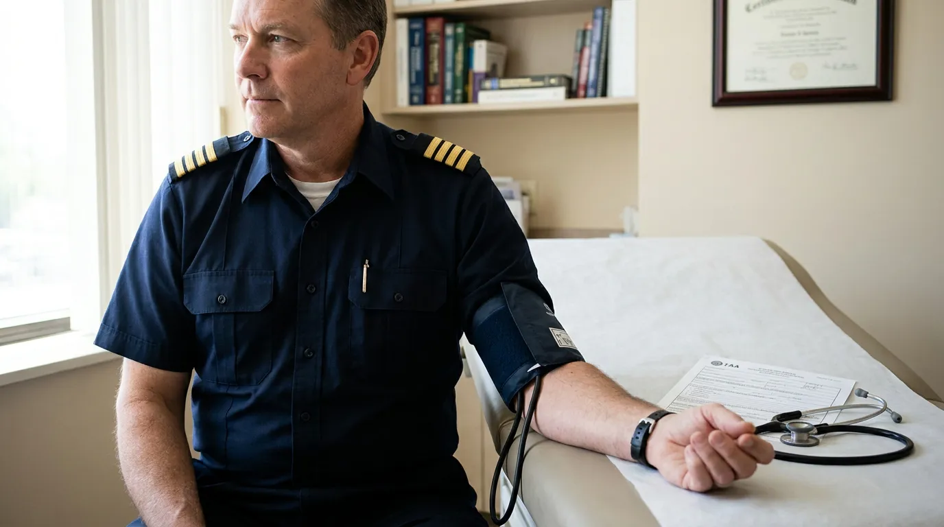uniformed pilot seated on exam table with blood pressure cuff and stethoscope nearby