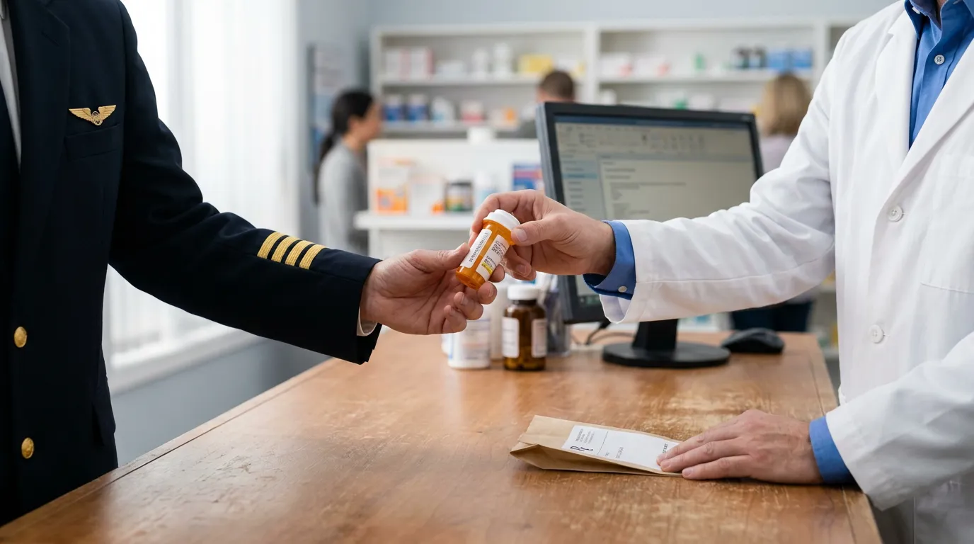 uniformed pilot receiving prescription medication bottle from pharmacist at pharmacy counter