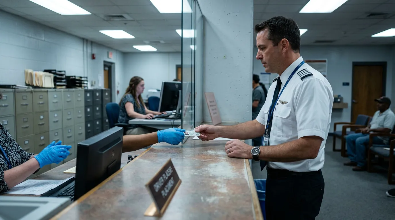 uniformed pilot presenting ID card at government office service counter