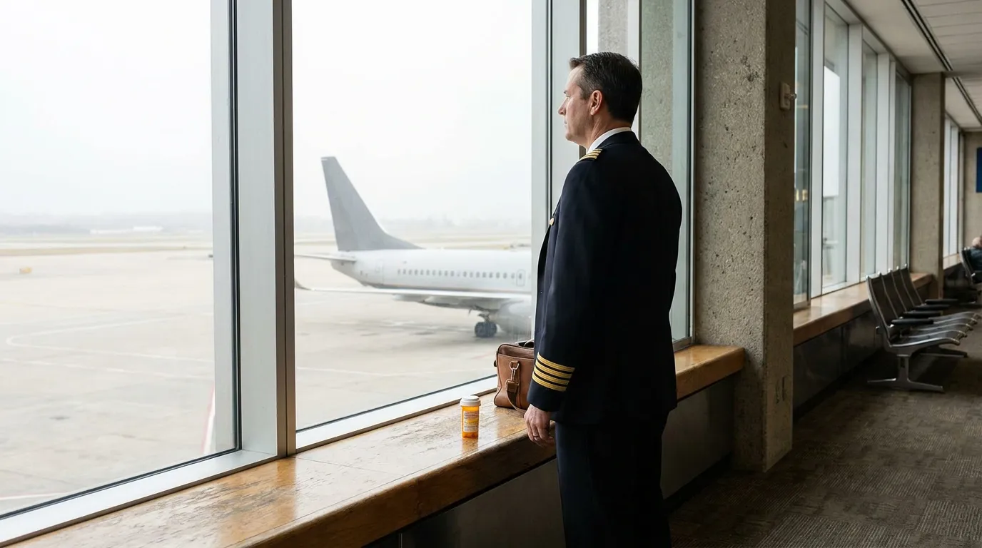 uniformed airline pilot standing at airport terminal window with prescription pill bottle