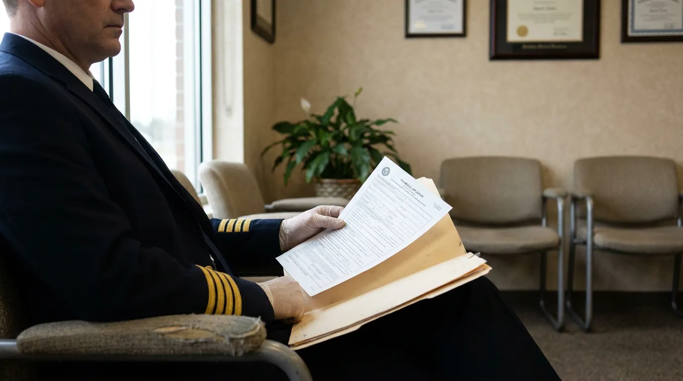 uniformed pilot seated in waiting room reviewing medical examination form from folder