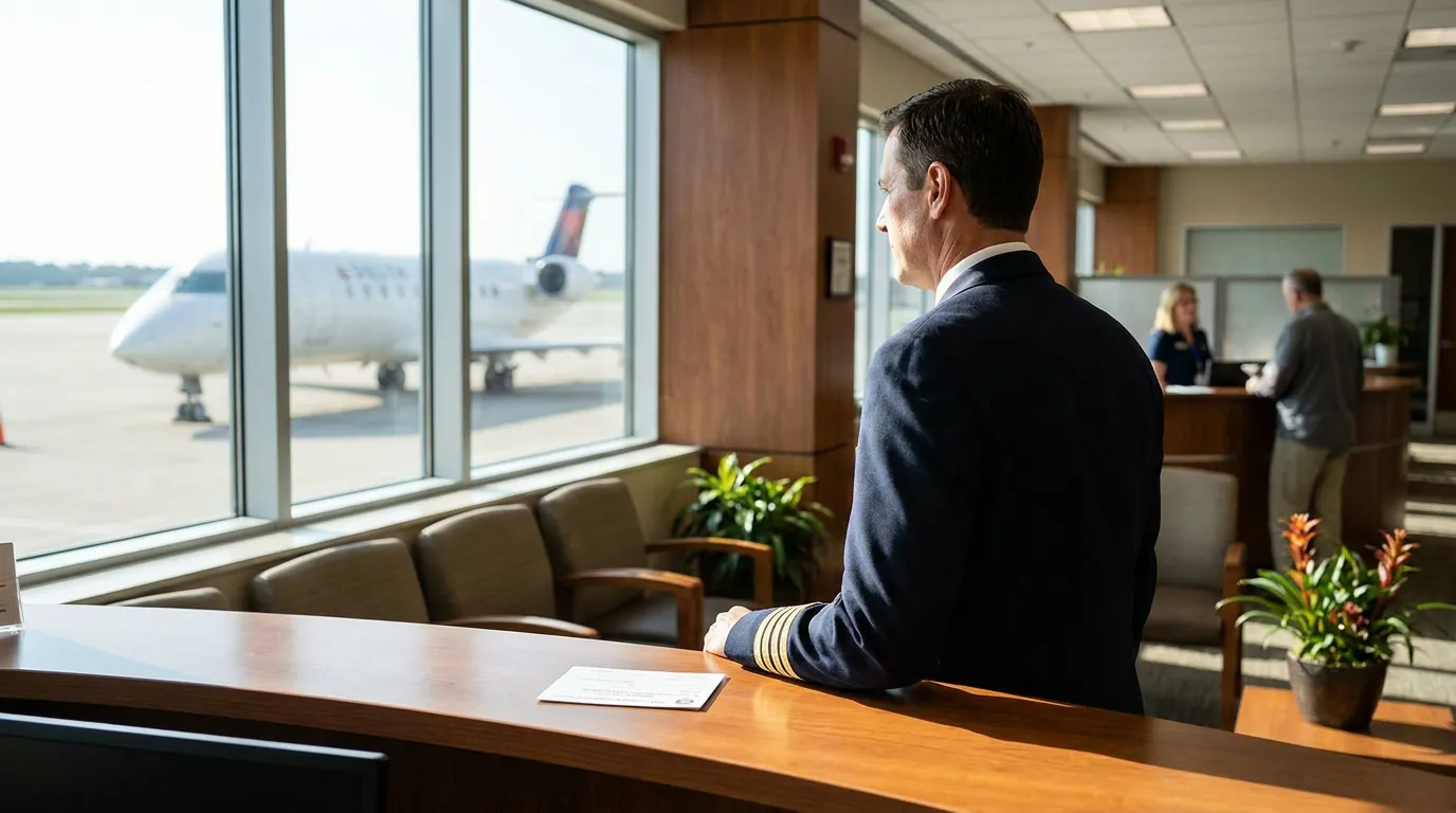 uniformed pilot standing at airport terminal counter overlooking parked commercial aircraft