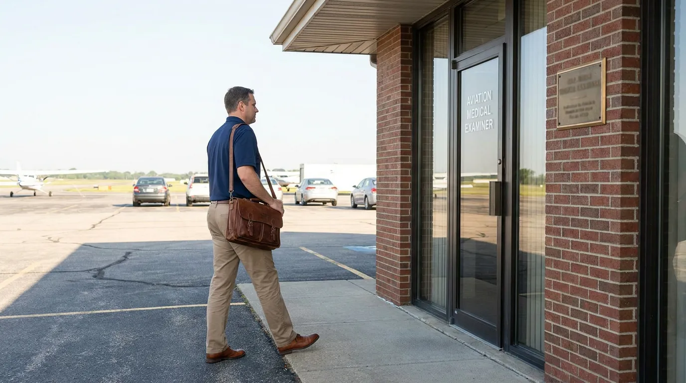 Man carrying briefcase approaches entrance door labeled Aviation Medical Examiner near airfield