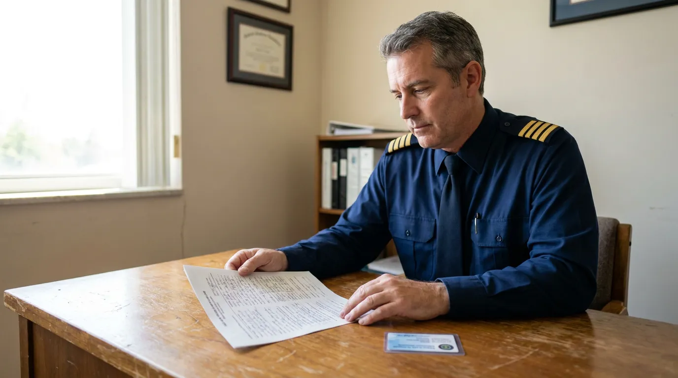uniformed officer with epaulettes reviewing official document at office desk