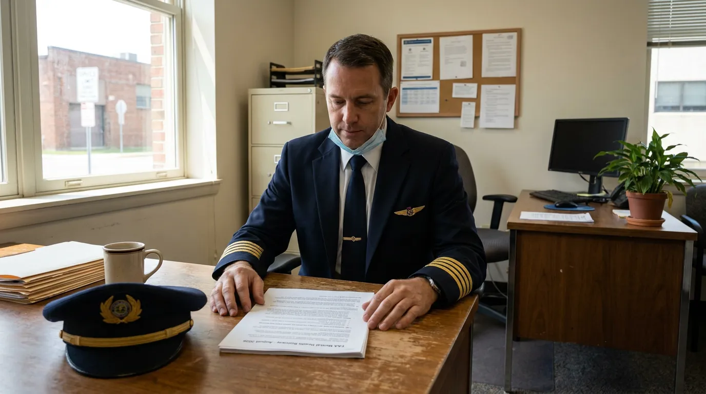 uniformed pilot reviewing FAA Mental Health Recovery document at office desk