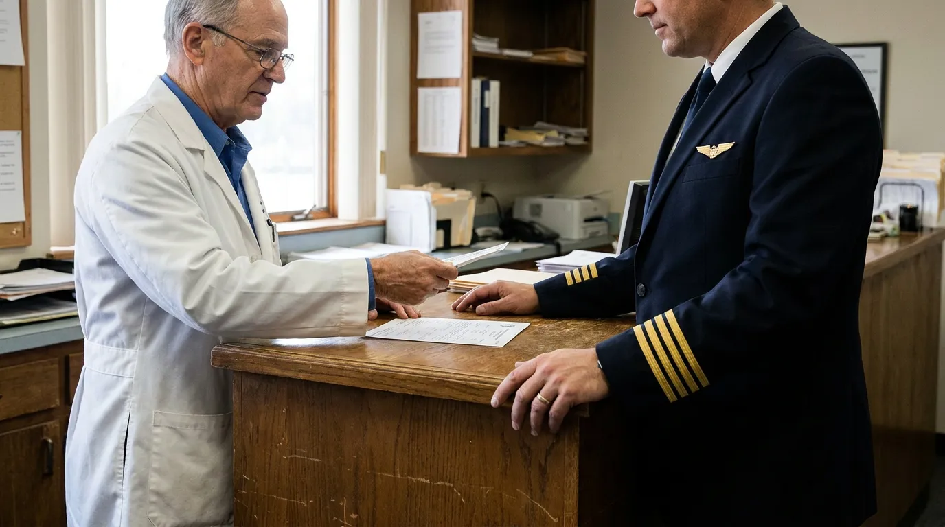 doctor in lab coat handing document to uniformed pilot at medical office counter