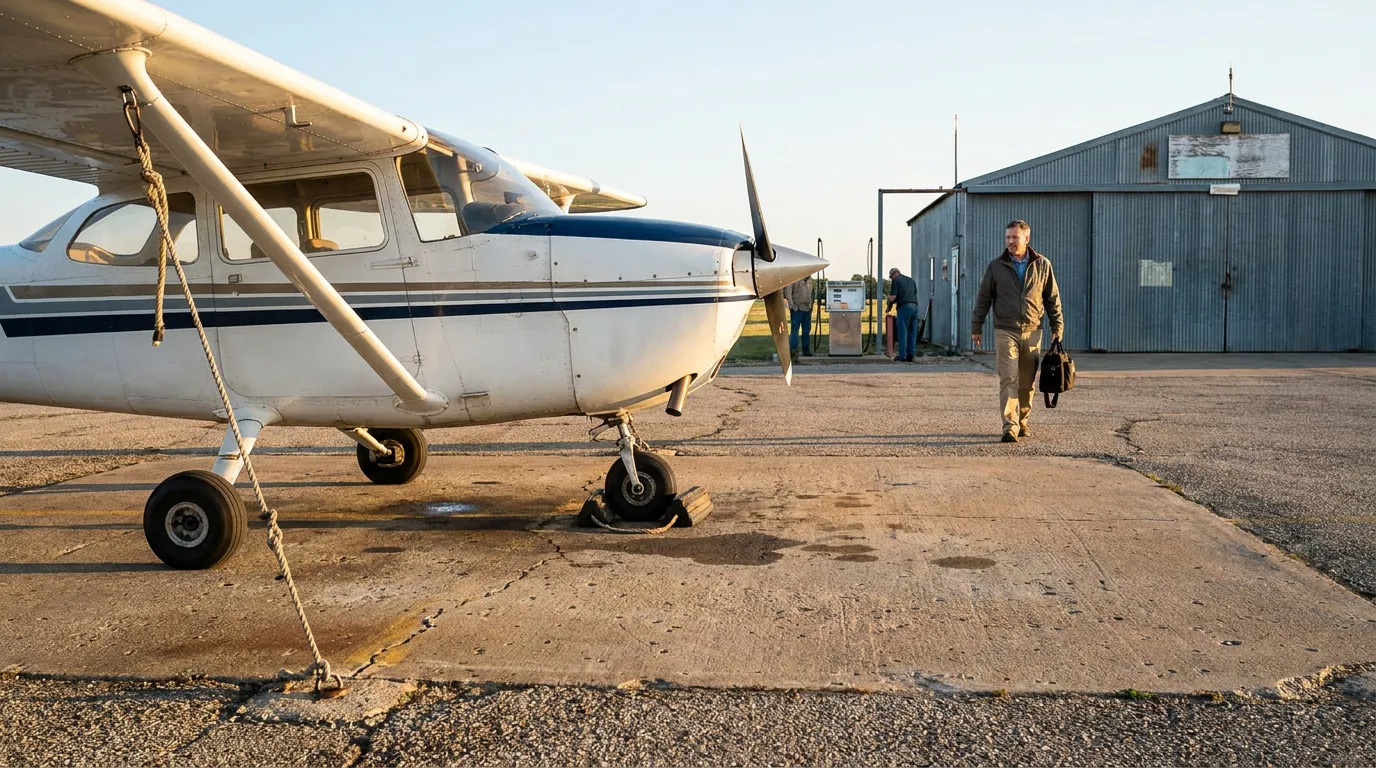 man carrying bag walking near tied-down small propeller aircraft on tarmac