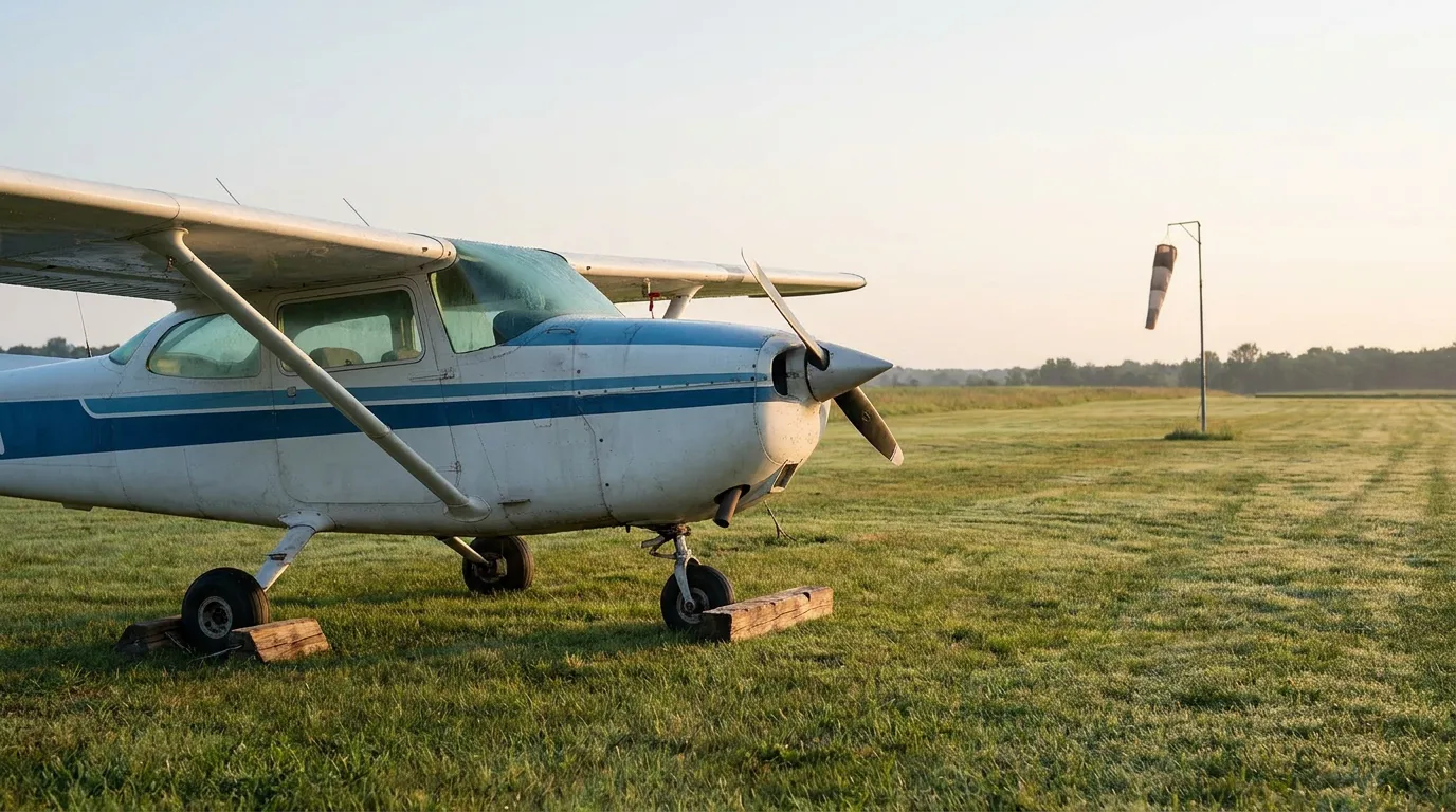 Small single-engine propeller plane parked on grass airfield near windsock